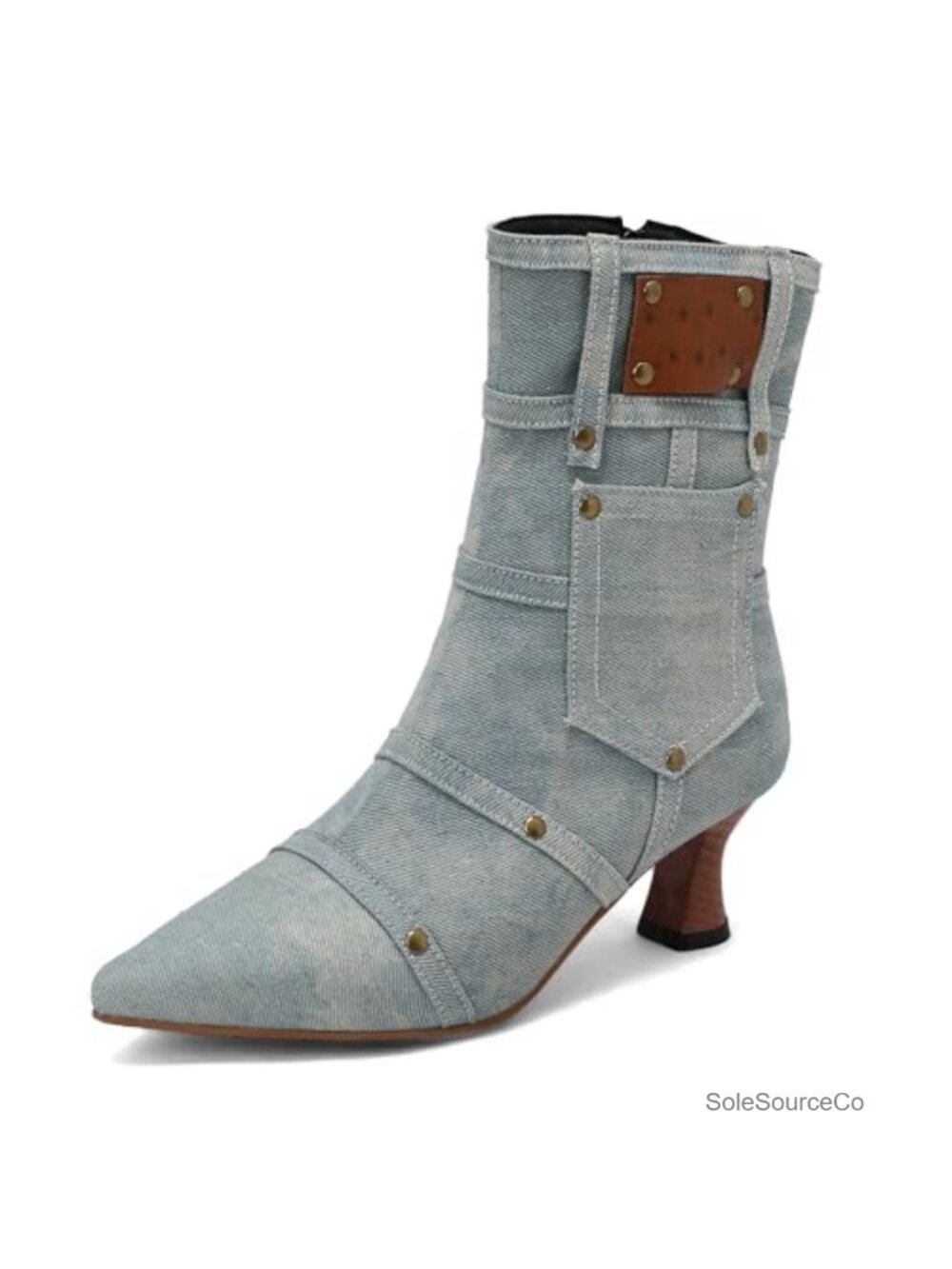 Women's Denim Ankle Boots Pointed Toe Low Heel Studded Vintage Style